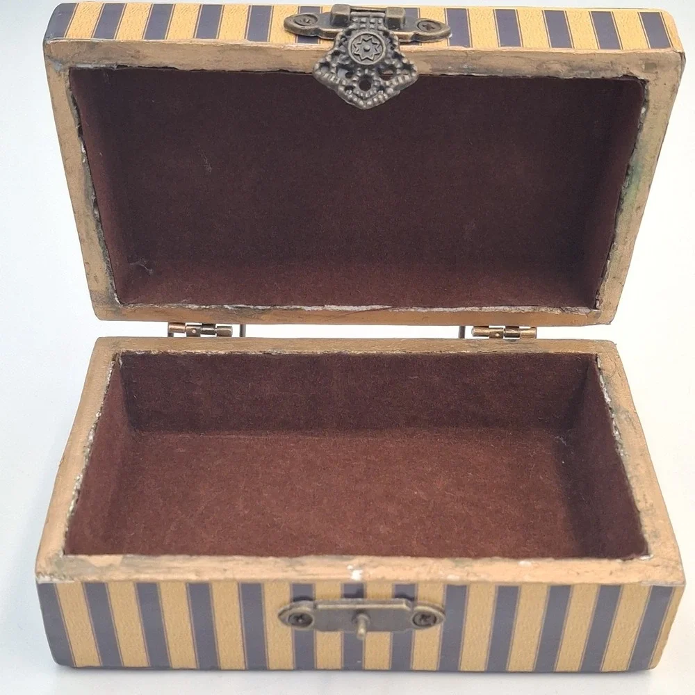 Vintage Small Wooden Jewelry Box Floral Rose Print Gold Foil Decoupage Latch